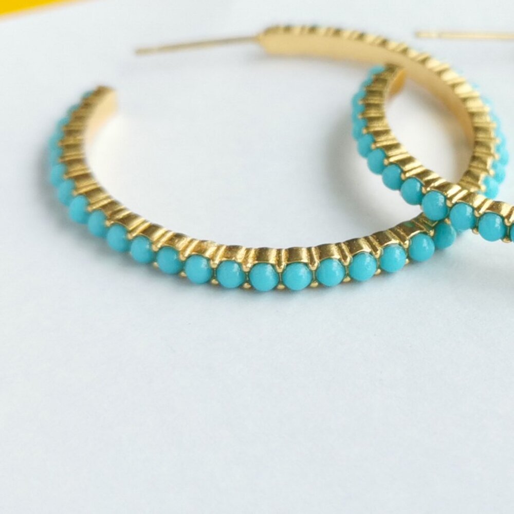 Juliet Gold Turquoise Blue Medium Hoop Earrings by Julie Vos - Picture 2 of 4